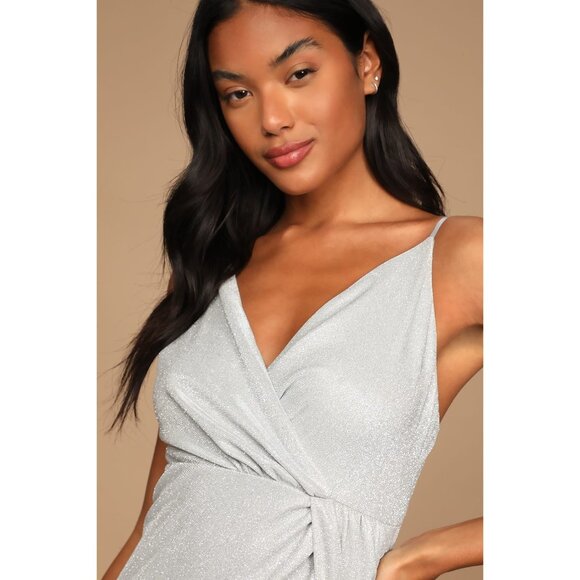 LULUS Keep Your Shine On Light Grey Metallic Faux-Wrap Maxi Dress - M - Picture 4 of 10